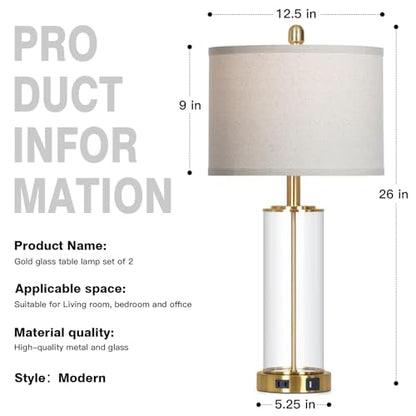 26" Gold Glass Table Lamps Set of 2, 3-Way Dimmable Touch Control Living Room Lamp with USB C+A Ports & AC Outlet, Modern Bedside Lamps, Elegant Bedroom Lamps for Nightstand Side End Table Desk - color: Gold