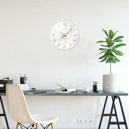 White Small Wall Clocks Battery Operated 12 Inch | Analog Marble Analog Clock for Bedroom Living Room Kitchen Office Round Silent Wall Clock Modern - color: White, size: 12 Inch
