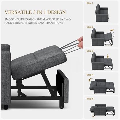 YITAHOME 55" Convertible Sofa Bed | 3-in-1 Sleeper Sofa with Iron Frame Pull-Out Bed, Linen Futon Couch with Reclining Backrest and Side Pocket, Modern Loveseat - color: Grey, size: 71.2 x 46.4in