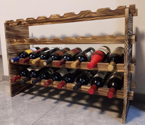 32-Bottle 4-Tier Stackable Wine Rack – Freestanding Carbonized Pine Organizer for Home Bar, Kitchen, Countertop, Modular DIY Design - size: 32 Bottle
