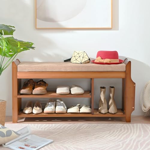 PETKABOO Shoe Bench with Hidden Drawer and Side Holder, 2 Tier Entryway Bench with Storage 39.4 in, Bamboo Shoe Rack with Cushion for Entryway Hallway Living Room Bedroom - size: 39.4"
