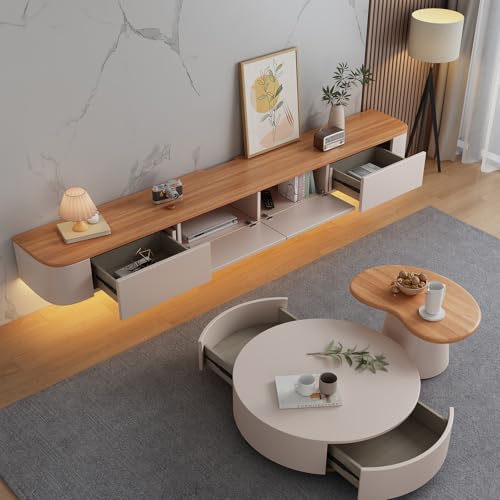78 inch Floating TV Stand Wall Mounted TV Cabinet Floating Shelves with Door Entertainment Media Console Solid Wood Modern Living Room Round Corner TV Stand (Two-Tone+LED, 200CM) - color: Two-tone+led, size: 200CM