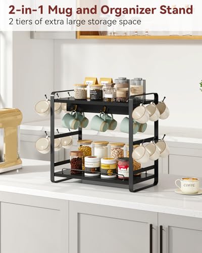 IBUYKE Kitchen Mug Cup Holder,2 Tier Coffee Bar Organizer,Black TBJ006B | Coffee Bar Station Countertop Organizer Coffee Mug Stand with 18 Hooks,Multifunctional Mug Tree for Home Kitchen Office - color: Black