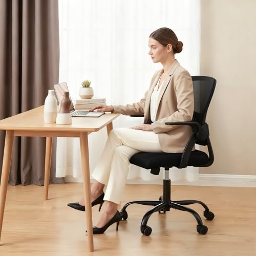 DUMOS Office Chair, Ergonomic Home Desk Chair, Ergonomic Lumbar Support | Height Adjustable, Flip-up Armrest, Rocking Mode, 360 Swivel, Conference Room, Black - color: Black Flip Arm