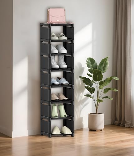 Space-Saving 8-Tier Vertical Shoe Rack, Stackable Narrow Shoe Organizer with Dustproof Fabric Shelves, Sturdy Metal Frame Storage for Entryway Closet Dorm Apartment Small Spaces - size: 8-Tier