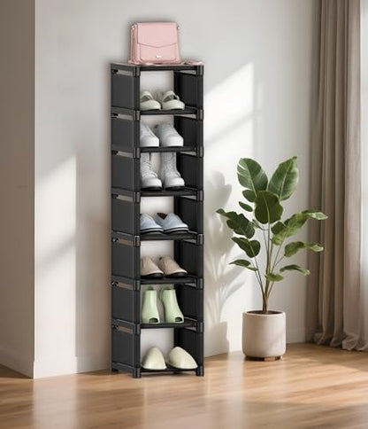 Narrow Shoe Rack 8 Tier, Slim Vertical Shoe Organizer for Small Spaces, Stackable Shoe Storage Shelf with Metal Frame & Fabric Shelves, Shoe Rack for Closet Entryway Bedroom