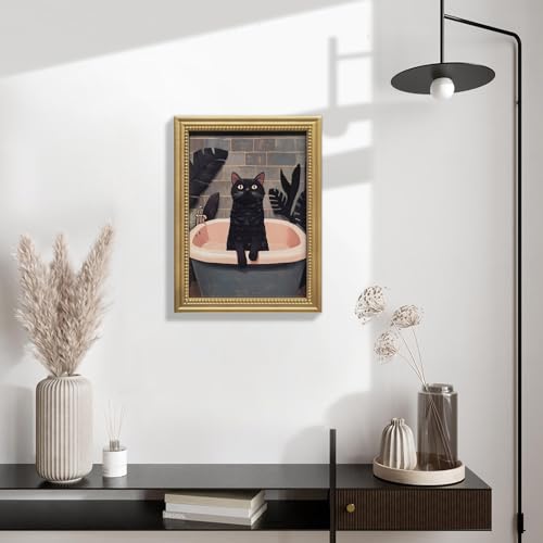 Gatheroad Gold Framed Vintage Canvas Wall Art Prints, Black Cat Bathroom Wall Art, Boho Farmhouse Funny Animal Bathroom Decor for Living Room Bedroom Office, 12x16in - color: Black Tub-Cat, size: 12X16inch