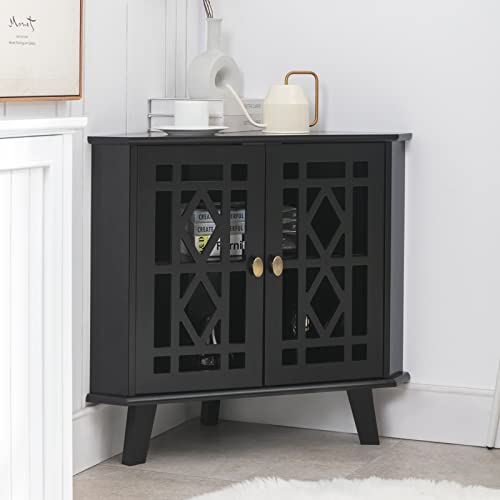 Small Corner Cabinet with Hollow-Carved Doors, 32'' White Accent Cabinet | Corner Table with Storage for Small Space, Space Saving Corner Shelf for Living Room and Kitchen, Elegant Fretwork Design - color: Black, size: Small