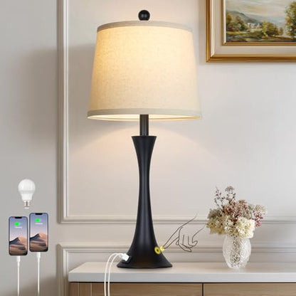 27.5" Black table Lamps for Living Room, Touch Control 3-Way Dimmable Bedside Nightstand Lamps Bedroom Lamp,Modern Black Table Lamp with USB A+C Ports,Tall Lamps for Living Room End Table（1Pack） - color: Black (1 Pack)