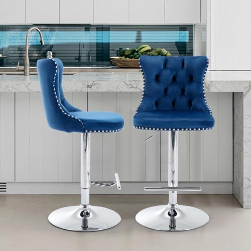 Velvet Bar Stool Set of 2, Adjustable Swivel Bar Stools with Silver Plated Metal Leg, Button Tufted, Footrest, Chrome Nailhead, Counter Height Chair for Kitchen, Bar, Dining Room (Blue) - color: Blue-silver Leg, size: Set of 2