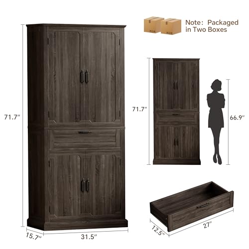 Ball & Cast 71 Inch Farmhouse Kitchen Pantry Cabinet, Brown | Adjustable shelves, microwave shelf, Bottle Storage & Drawer Storage, for Kitchen, Dinging Room - color: Rustic Brown, size: 31.5in W