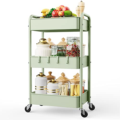 LEHOM 3 Tier Rolling Cart, Metal Rolling Utility Cart with Lockable Wheels | Multi-Functional Heavy Duty Storage Cart Organizer for Bathroom, Kitchen, Office, Living Room, Rolling Storage Trolley - color: Green