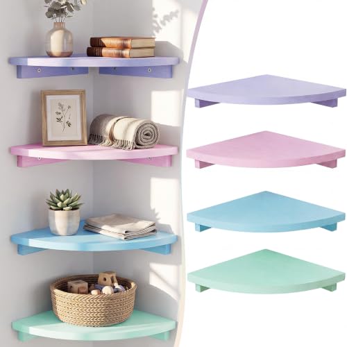 RattanView Corner Floating Shelves Set of 4 Macaron Corner Shelf Wall Mount | 9.8inch Colorful Rounded Shelves for Bathroom Bedroom Kitchen, Cute Wood Corner Shelves for Small Spaces Apartment Decor - color: Macaron