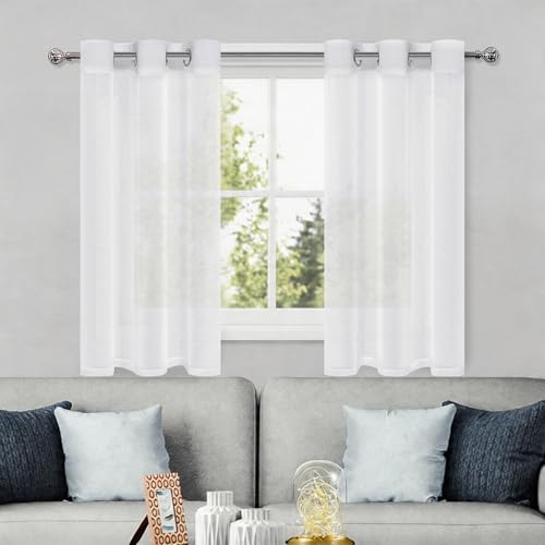 DWCN White Sheer Curtains, Grommet Top Faux Linen Look Voile Semi Transparent Solid Window Sheer Curtains Drapes for Bedroom Living Room, Set of 2 Panels 36 x 54 Inch Long, White - color: White, size: 36"W x 54"L (Pack of 2)