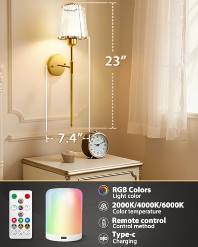 Adetu 23 Inch Crystal Battery Operated Wall Sconce Set of 2 | Gold Rechargeable Wall Sconce with 10000mAh Magnetic Bulbs, RGB Dimmable Wireless Battery Wall Lights for Bedroom Living Room - color: Gold, size: 23 Inch
