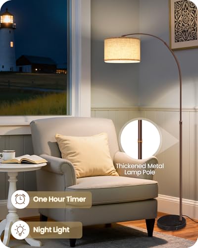 75" Arc Floor Lamp with Marble Base and Adjustable Height, Rotating Hanging Shade, Dimmable Floor Lamp for Living Room with Remote and Foot Switch, 3CCT, Over Couch Arched Light, Beige Brown VE15LD05 - color: Brown + Beige