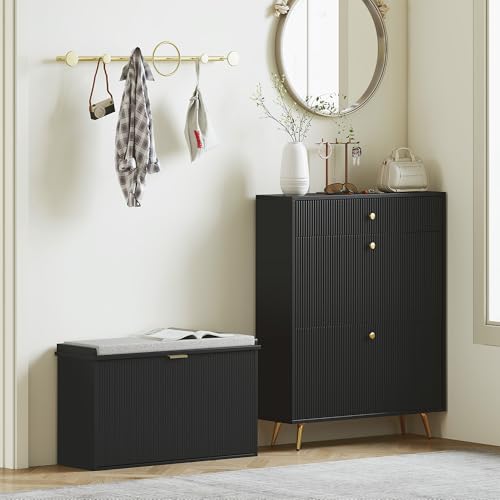 HOMCOM Narrow Shoe Bench with Padded Cushion 31.5x10.2x18.7 Inches Black | Shoe Storage Cabinet, Flip-Drawer, Adjustable Shelf, Small Entryway Bench, Holds up to 265lb - color: Black, size: 31.5" x 10.2" x 18.7"