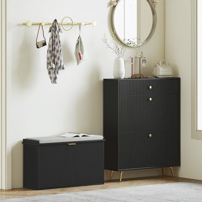 HOMCOM Narrow Shoe Bench with Padded Cushion 31.5x10.2x18.7 Inches Black | Shoe Storage Cabinet, Flip-Drawer, Adjustable Shelf, Small Entryway Bench, Holds up to 265lb - color: Black, size: 31.5" x 10.2" x 18.7"