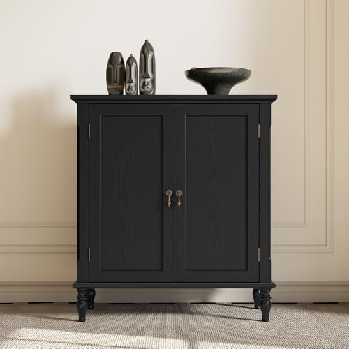 ARTPOWER Vintage Buffet Cabinet with Storage, Solid Wood Veneer, Black | Sideboard Cabinet with 2 Doors, Credenza with Adjustable Shelves for Living Room, Dining Room, Entryway - color: Black