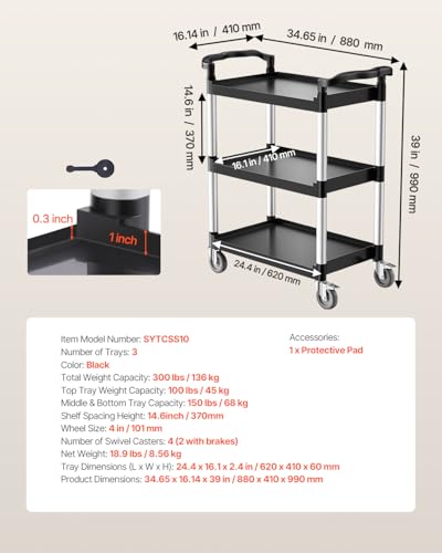 VEVOR Utility Cart, 300 lbs Load Capacity, 3-Tier Utility Plastic Cart with 360° Swivel Wheels (2 with Brakes), 24.4 x 16.1-inch Food Service Cart for Warehouse, Office, Home, Restaurant, Kitchen | Utility Cart Equipped with Brake Casters, Multi-Purpose S