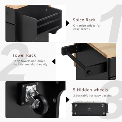 59.3" Rolling Kitchen Island with Trash Can Storage, Mobile Kitchen Storage Island with Drop Leaf, Power Outlet, Pull Out Cabinet Organizer (Black) - color: Black