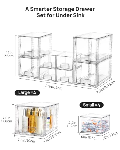 Vtopmart 8 Pack Clear Pull-Out Under Sink Organizer Set (4 Large & 4 Small) | Stackable Storage Drawers, Designed to Fit Bathroom & Kitchen, Under-Sink Organization
