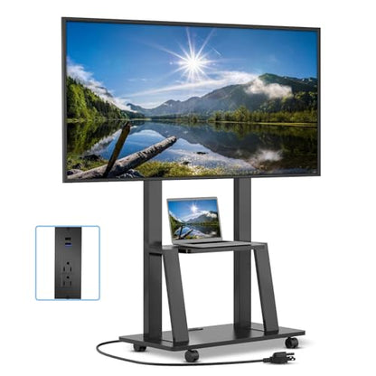 Rolling TV Stand for 32-80 Inch TVs, Mobile TV Cart with Power Outlet, Outdoor TV Stand with Wheels, Portable tv Stands for LCD OLED 4K Flat/Curved Panels Max VESA 600x400mm (Black) | TV Stand for Living Room, Outdoor TV Stand with Wheels, TV Stands for L