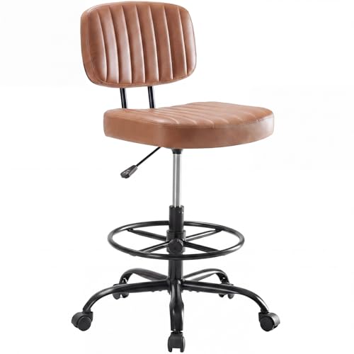 DUMOS Armless Drafting Chair, Standing Desk Chair, Rolling Stool | Ergonomic Low Back Office Seat, Height Adjustable with Footrest Ring, PU Leather, Swivel Wheels, Studio Lab Counter, Brown - color: Brown