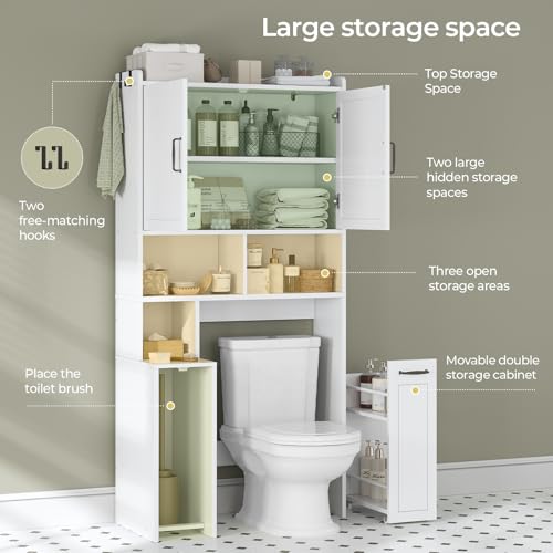 Over The Toilet Storage Cabinet with Pulley Small Bathroom Storage Cabinet, Space Saver W/Adjustable Shelf & Open Shelf for Bathroom, Restroom, Laundry (White) - color: White