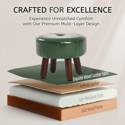 oakvivo 13in Small Foot Stool Ottoman, Round Faux Leather Footrest | Green Under Desk Pouf Footstool Foot Rest with Non-Skid Rubber Legs for Ling Room, Bedroom, 13''L x 13''W x 10.2''H - color: Green
