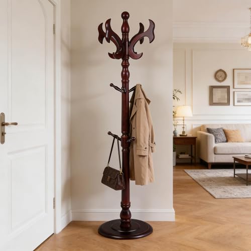 Wooden Coat Rack Freestanding with 14 Hooks, Adjustable Height Coat Tree Free Standing Heavy Duty for Entryway, Easy Assembly Solid Wood Sturdy Coat Hats Hanger Stand for Office Hallway Bedroom - color: Redwood-Solid Wood Hook B
