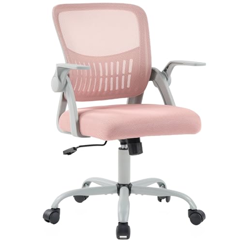 DUMOS Office Chair, Ergonomic Home Desk Chair, Ergonomic Lumbar Support | Height Adjustable, Flip-up Armrest, Rocking Mode, 360 Swivel, Conference Room, Pink - color: Pink Flip Arm