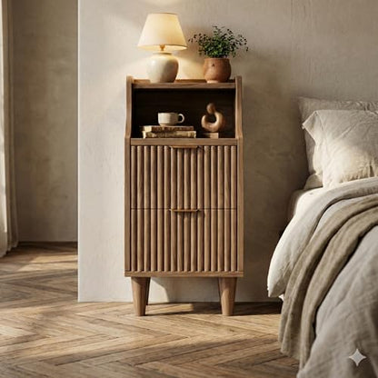 11.8" Narrow Fluted Nightstand Set of 2,Slim Side End Table with 2 Drawers,Mid-Century Modern Bedside Table,Skinny Night Stand for Bedroom, Small Space - color: Walnut
