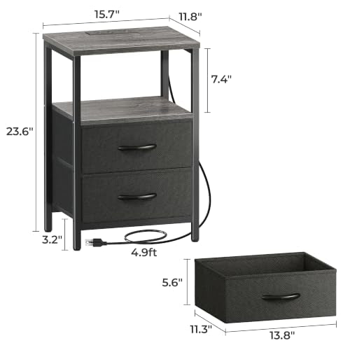 Huuger Nightstand with Charging Station, Side Table with Fabric Drawers, End Table with Open Shelf, Bedside Table with USB Ports and Outlets, Night Stand for Bedroom, Charcoal Gray | End Table with Open Shelf, Bedside Table with USB Ports and Outlets, Nig