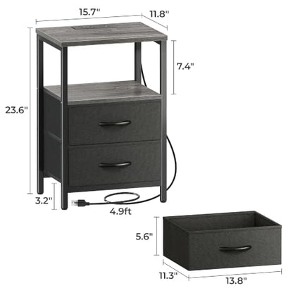 Huuger Nightstand with Charging Station, Side Table with Fabric Drawers, End Table with Open Shelf, Bedside Table with USB Ports and Outlets, Night Stand for Bedroom, Charcoal Gray | End Table with Open Shelf, Bedside Table with USB Ports and Outlets, Nig