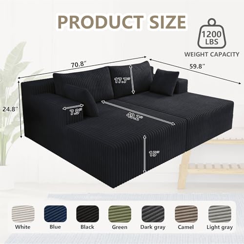70.8" Oversized Boneless Double Chaise Lounge Chair Indoor, Upholstered Corduroy Cloud Chaise Lounges with 4 Pillows, Modern Deep Seat Loveseat Sleeper Sofa for Living Room Bedroom Apartment, Black - color: 70.8" Black