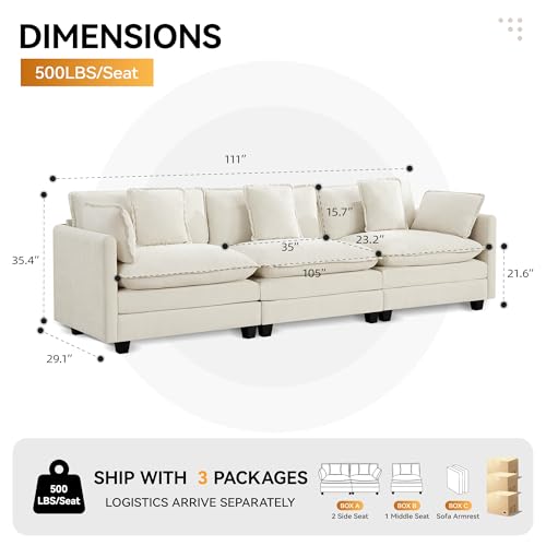 111'' Sectional Cloud Deep Seat Couch, Modern Comfy Chenille Modular Sectional Sofa for Living Room Set, Upholstered Modular 3-Seats Sofa Couch, Beige - color: Beige, size: 111'' 3 Seats