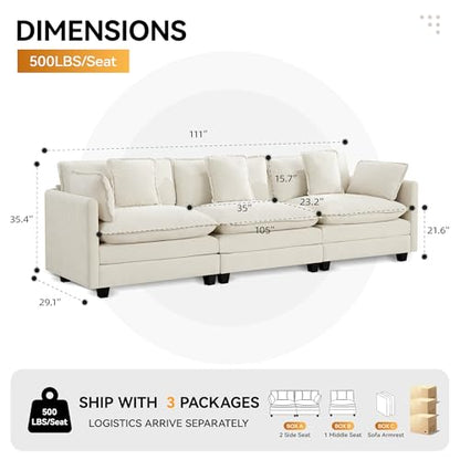 111'' Sectional Cloud Deep Seat Couch, Modern Comfy Chenille Modular Sectional Sofa for Living Room Set, Upholstered Modular 3-Seats Sofa Couch, Beige - color: Beige, size: 111'' 3 Seats