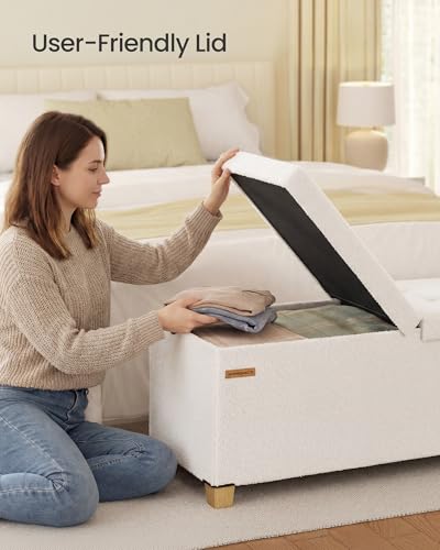 SONGMICS Storage Ottoman Bench with Legs, Folding Ottoman Foot Rest with Flipping Lid, Bench with Storage, for Living Room, Bedroom, Entryway, Teddy Fleece, 43.3 Inches, Cream White ULSF081WD01 - color: Cream White, style: with Flipping Lid