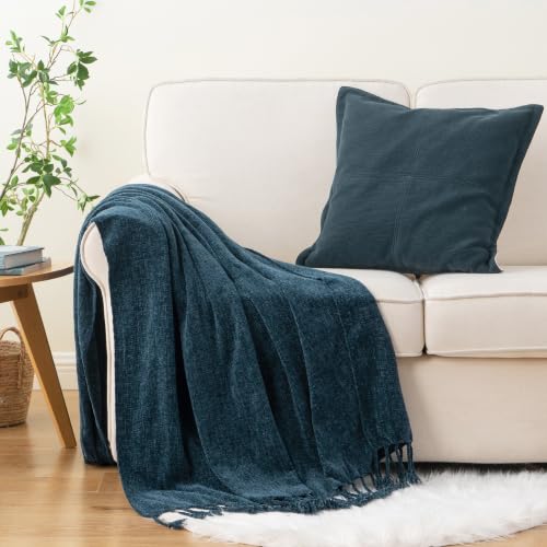 BATTILO HOME Navy Blue Chenille Throw Blanket for Couch, Soft Cozy Textured Knit Throw Blanket with Handmade Fringe Tassels, Lightweight Decorative Farmhouse Blanket for Sofa Bed Chair, 50"x60" | Soft Chenille Knit with Handmade Fringe Tassels, Lightweigh