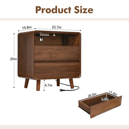 Nasonet Mid Century Modern Nightstand with Charging Station, Wood Bedroom End Tables Set of 2 Nightstands with Drawers, Bedside Table for Living Room, Curved Profile Design, Walnut - color: Walnut, size: 2 Drawers