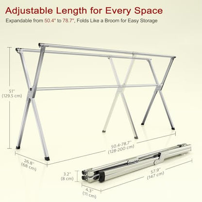 Clothes Drying Rack, Heavy-Duty Folding Laundry Drying Rack for Indoor Outdoor Use, 50.4-78.7" Extendable Stainless Steel, Space-Saving Design, Foldable Freestanding Airer