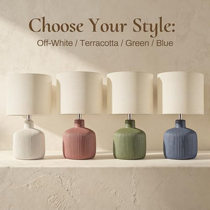 Ceramic Table Lamp, 17.75" Nautical Bedside Lamp with Beige Linen Shade, Warm Ambient Nightstand Lighting for Beach House, Navy Blue - color: Blue