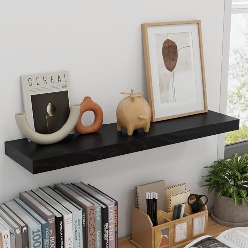fuqing 30 Inch Floating Shelves, 6.7 Inch Deep Black Wall Shelves Set of 2 | 30'' x 6.7'' x 1.4'' Black Wood Shelves for Bathroom, Living Room, 40LBS, Lightweight, Hardware Included, Waterproof Finish - color: Black, size: 30 Inch