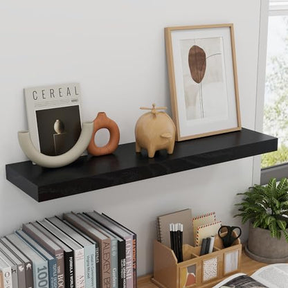 fuqing 30 Inch Floating Shelves, 6.7 Inch Deep Black Wall Shelves Set of 2 | 30'' x 6.7'' x 1.4'' Black Wood Shelves for Bathroom, Living Room, 40LBS, Lightweight, Hardware Included, Waterproof Finish - color: Black, size: 30 Inch