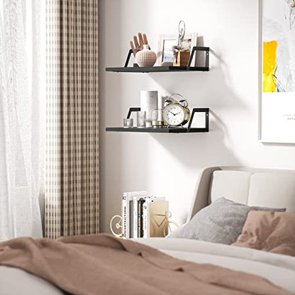 SRIWATANA Floating Shelves Wall Mounted Set of 2 Rustic Wood Shelves with Large Capacity(Black | Wide Sturdy Rustic Organizers; Large Capacity Spacious Hanging Boards to Display Books, Plants, Kitchen Spices - color: Black
