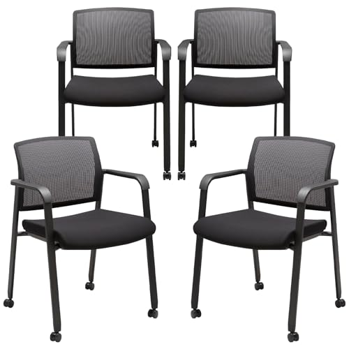 CLATINA Mesh Back Guest Reception Arm Chairs with Wheels, Waiting Room Chairs with Upholstered Fabric Seat and Ergonomic Lumbar Support for Office - color: Withwheels Black, size: 4 pack