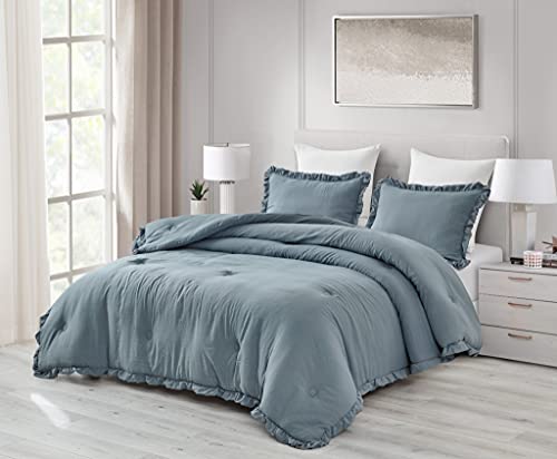 Chezmoi Collection Nora Dusty Blue Comforter Set Queen Size 3-Piece Lightweight Fluffy Soft Stone-Washed Ruffled Shabby Chic Bedding for All Season - color: Dusty Blue, Ruffled Edge, size: Queen