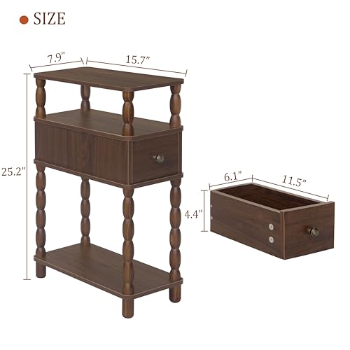 MaxSmeo Narrow Side Table, Small Nightstand with Drawer, Skinny End Table with Storage for Small Spaces, Bedroom, Living Room (Walnut Brown) - color: Walnut Brown