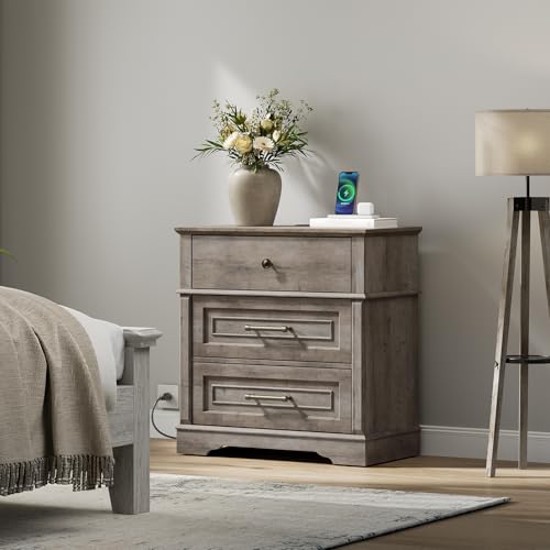 3 Drawer Tall Nightstand with Charging Station, Farmhouse Bedside Table, 27.6" W x 29.5" H, Wide End Table for Bedroom Living Room, End Tables with Charging Station, Greige - color: Greige
